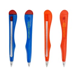 A knife-shaped ballpoint pen in blue and red, featuring a clip and a branding logo on each pen.