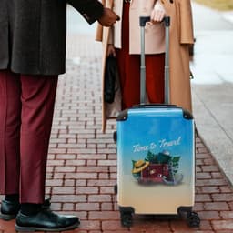 A wheeled suitcase featuring a colourful design with a gradient from blue to sandy yellow and a logo.