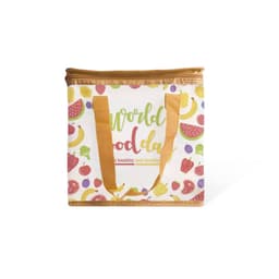 A colourful polyester cooler bag featuring fruit illustrations and gold handles, with a logo on the front.