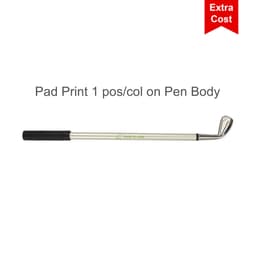 A golf club-shaped pen with a black grip and metallic silver finish, featuring a logo.
