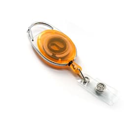 An orange retractable oval card holder with a clear ID attachment and a metal clip.