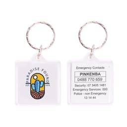 A square acrylic keyring featuring a colourful logo and emergency contact details on one side.