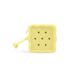 A yellow square silicone pouch with six holes and a braided zip pull, featuring a logo.