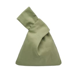 An olive green cotton wrist bag with a unique, folded design and no visible branding.