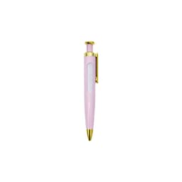 A pink pen with a gold clip and tip, featuring a clear section for spinning messages. It has a logo on the clip.