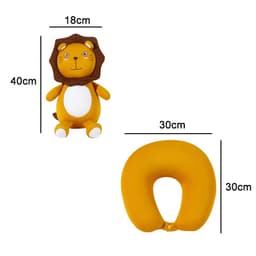 A lion-shaped travel pillow in vibrant yellow, featuring a plush toy design with a smiling face and detachable neck support.