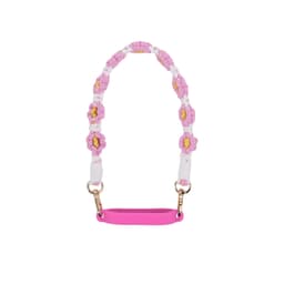 A drink bottle strap featuring woven pink and white flowers with yellow centres, complemented by a pink silicone grip.