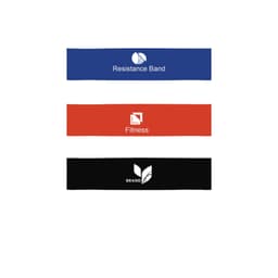 Three latex fitness resistance bands in blue, red, and black, each featuring a logo and text related to fitness.