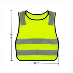 A bright yellow reflective safety vest featuring grey stripes, with a logo on the front. Dimensions are 40 cm by 48 cm.