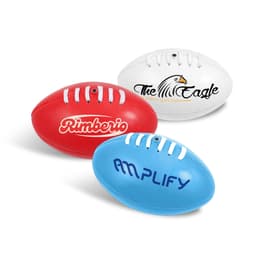 Three mini promotional Aussie Rules balls in red, white, and blue, each featuring a logo.