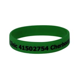 A green silicone wristband featuring a logo and printed text in black.