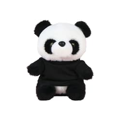 A plush panda toy featuring black and white fur, dressed in a black shirt. It has round eyes and a soft, cuddly appearance.