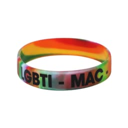 A marble coloured silicone wristband featuring a black logo, with vibrant hues of orange, green, and pink.