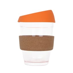 A reusable glass coffee cup with an orange lid and a cork band. It features a transparent body and includes a logo.
