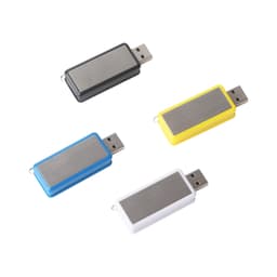A 360-degree rotating flash drive in black, blue, yellow, and white with a metallic surface and branding.