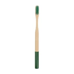 A bamboo toothbrush with a large round handle featuring a green and natural wood colour design. It has a logo.