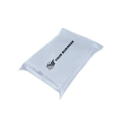A self-sealing plastic mailing bag in a glossy silver finish, featuring a logo and space for business information.