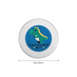 A white frisbee featuring a green dinosaur design on a blue background, labelled with "Children's Day." Diameter is 20 cm.