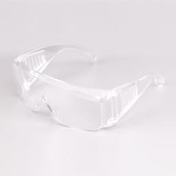Clear anti-fog safety protective goggles with a sleek design, featuring a logo on the side.