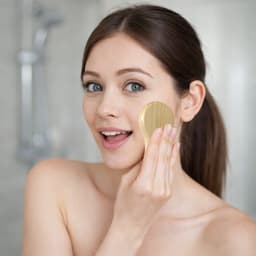 A flower-shaped facial cleansing brush in gold is being held against a woman's cheek. The setting is a bathroom.