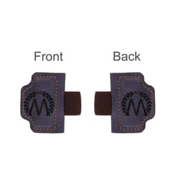 A magnetic bookmark in purple with a brown clip, displaying a logo on both the front and back.