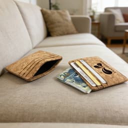 A cork card holder featuring a natural texture, resting on a light-coloured sofa with an assortment of cards and cash.