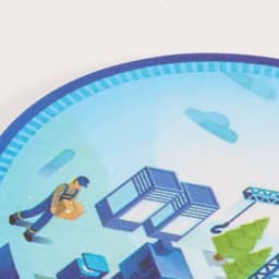 A circular promotional hand fan featuring a blue design with construction and building elements.