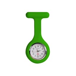 A green silicone nurse watch with a round face displaying a clock. It features a logo on the back.