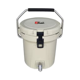 A cream-coloured ice bucket with a faucet and a sturdy handle. It features a locking mechanism and a logo.