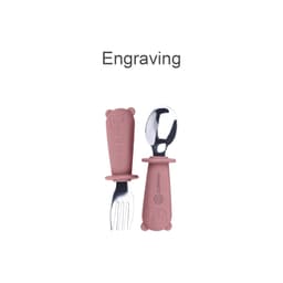 A pink silicone and stainless steel children's fork and spoon set, featuring bear designs on the handles and a logo.