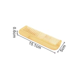 A mixed-tooth bamboo comb in natural wood colour, measuring 15.1 cm by 5 cm and 0.6 cm thick.