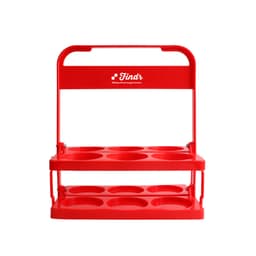 A red foldable beer basket with two levels and circular compartments, featuring a logo on the handle.