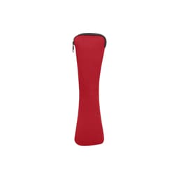 A red zippered pouch with a curved design for carrying items. It includes a logo.