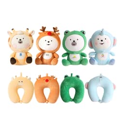 A collection of sitting animal-shaped plush travel pillows in various colours, including orange, green, blue, and beige.
