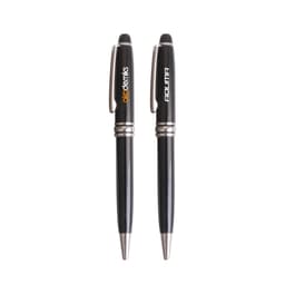 A set of two sleek black metal pens featuring silver accents and branding on the barrels.