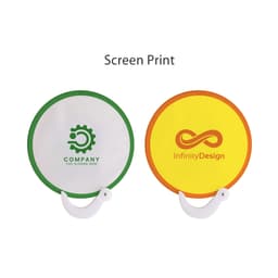 A 20cm foldable fan in white, yellow, and orange featuring two different printed designs and a handle.