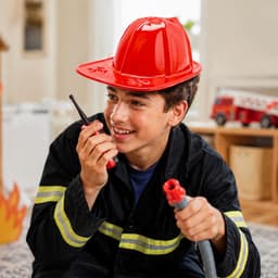 A bright red PVC fire chief hat is worn by a boy holding a walkie-talkie, dressed in a firefighter costume.