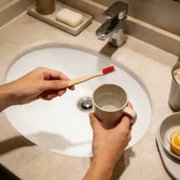 A bamboo toothbrush with a large round handle and red bristles being held over a mug beside a sink.