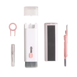 A 7 in 1 cleaning kit featuring white and pink components, including a brush, scraper, spray bottle, and two additional tools.