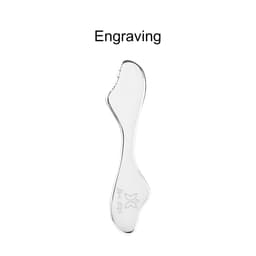 A sleek, silver massage tool with a curved shape, featuring a logo and a textured edge.