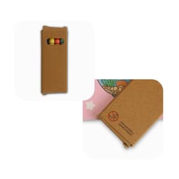 A5 custom colouring book in a brown cardboard cover with three colourful pencils visible inside.