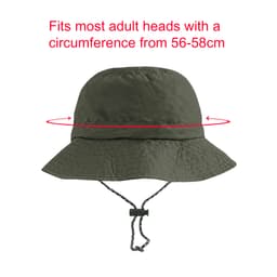 A foldable bucket hat in olive green with a drawstring, featuring a logo. Suitable for adult head sizes 56-58 cm.