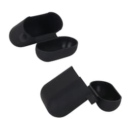 A black silicone protection case for AirPods, featuring a two-part design with an open and closed configuration.