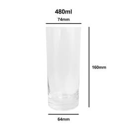 A clear, tall beer glass with a capacity of 480ml, featuring a sleek cylindrical design and a smooth finish.