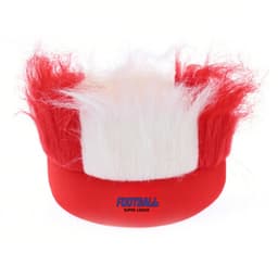 A headband wig featuring red and white faux fur, designed for sports or themed events. It has a logo on the front.