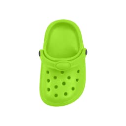 A green classic clog shoe fridge magnet with ventilation holes and a strap. It has a simple design.