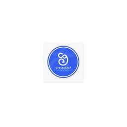 A circular blue sticker featuring a logo and text at the bottom, set against a white background.