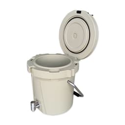 A beige ice bucket with a faucet and a lid, featuring a sturdy handle and a smooth cylindrical design.
