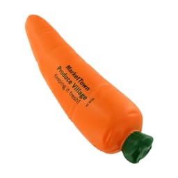 An orange carrot-shaped stress reliever with a green top and a logo on the side.