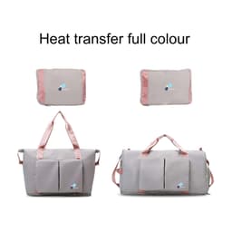 A foldable sports duffle bag in grey with pink accents and a logo, shown in two configurations.